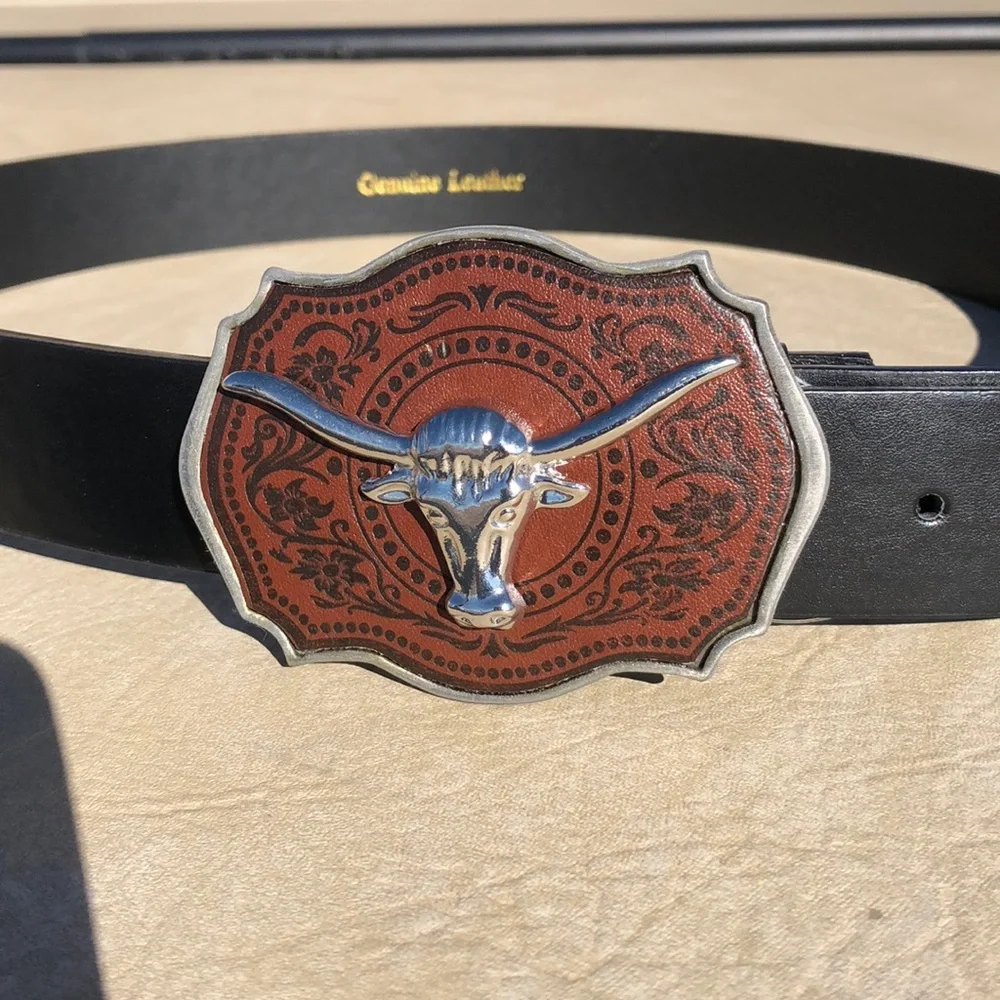 Brown Black Leather Men’s Bull Buckle Belt